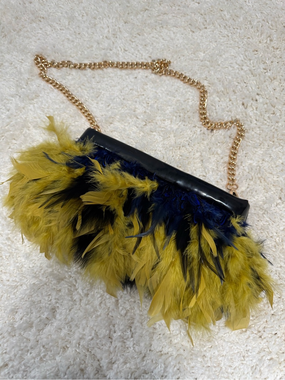 Masha Fedortsova Feather Clutch Black Yellow Statement Bag Gold Chain